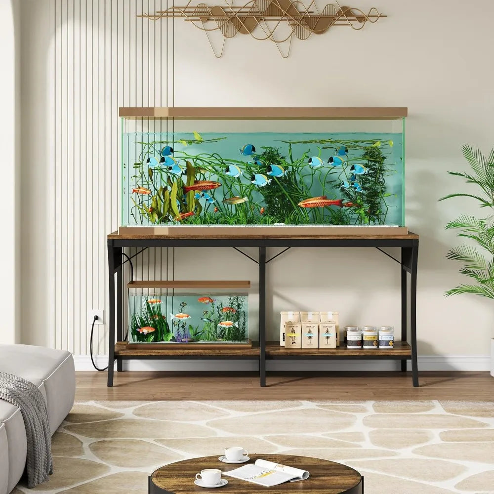 55-90 Gallon Fish Tank Stand 2-Tier Aquarium Stand with LED Light Strip and Power Outlets Metal Frame Reptile Tank Stand