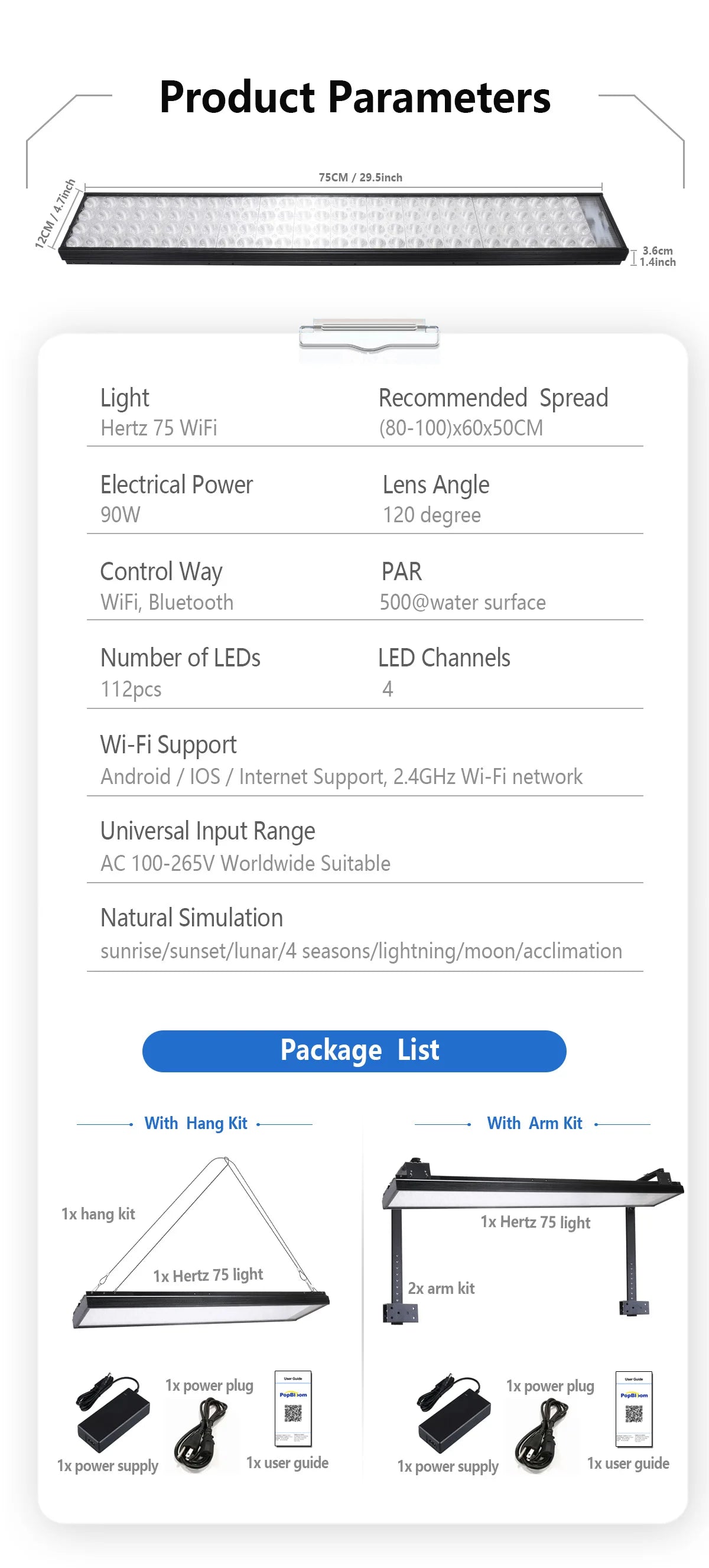 75CM PopBloom WiFi Aquarium Led Light, Full Spectrum Led Marine Aquarium For 80-100cm 36" Reef Coral SPS LPS Tank Hertz75