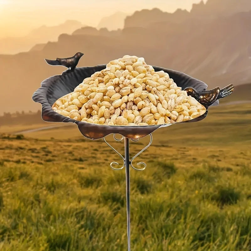 47.5 Inch Metal Leaf Shaped Bird Feeder Stake Waterproof Wild Bird Ground Feeder Bowl Durable Outdoor Lawn Ornament
