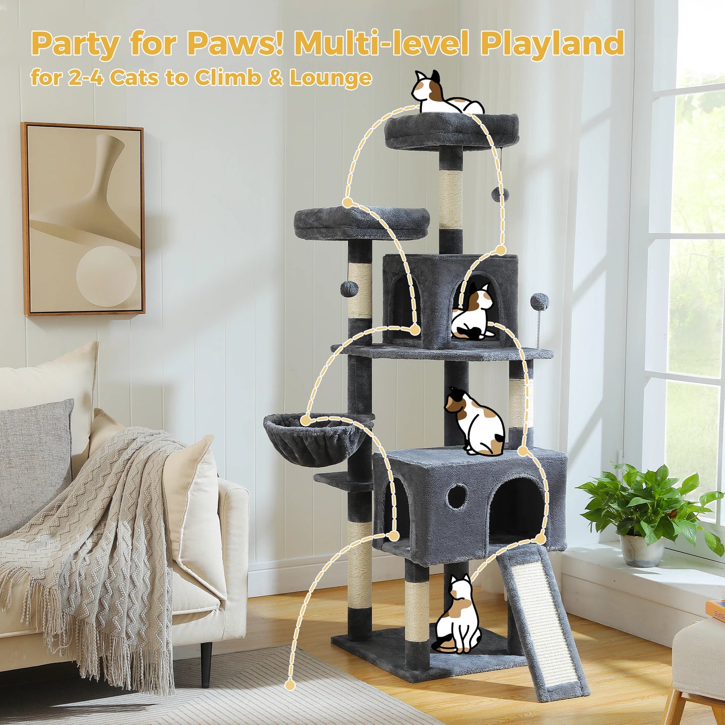 Multi Level Cat Tree Tower With Sisal Scratching Post Hammock