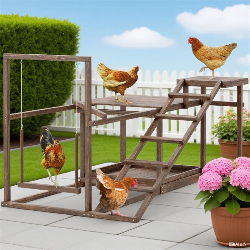 Wooden Chicken Playground With Perch Swing Ladder Platforms