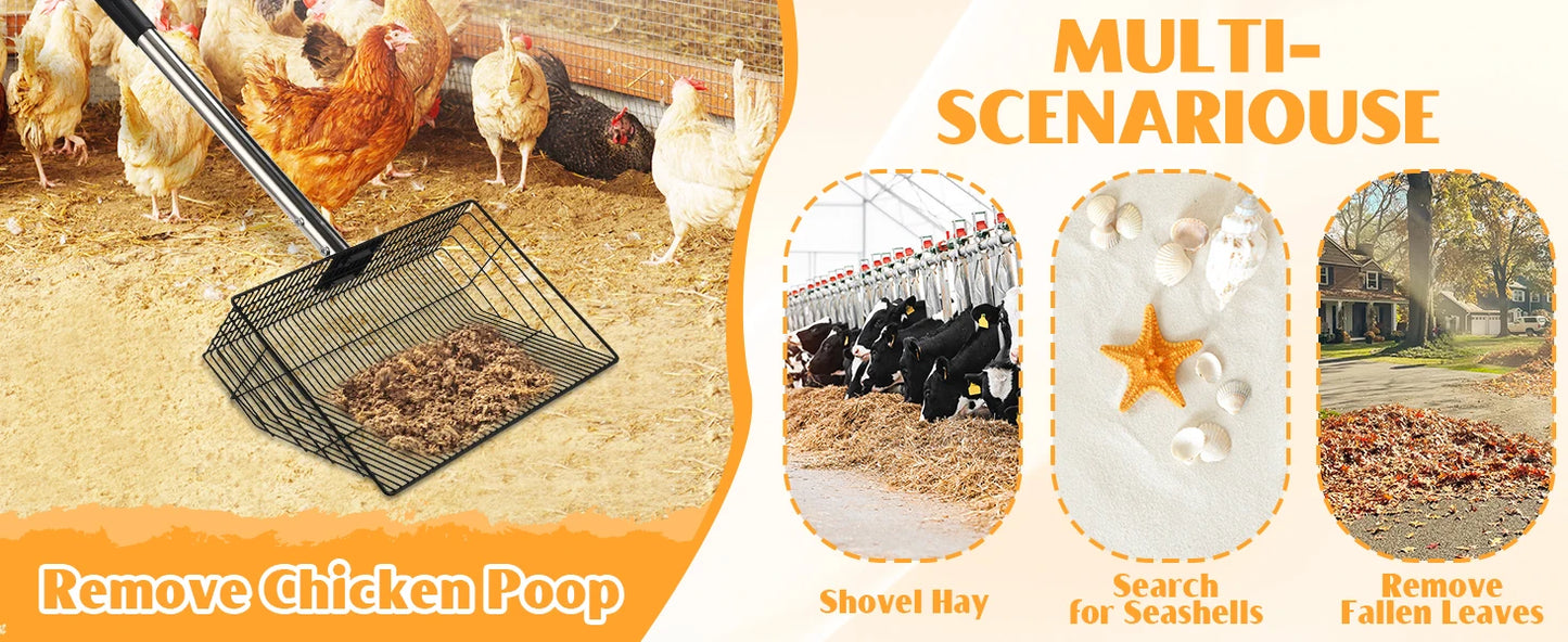 15inch Extra Large Chicken Poop Scooper, Heavy Duty Chicken Coop Scoop for Poop with 24 to 68" Stainless Steel Adjustable