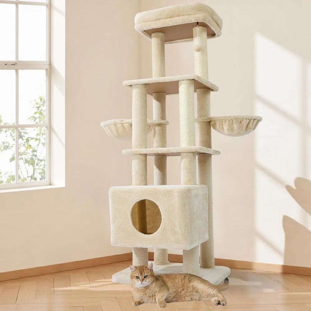 65 Inch Heavy Duty Cat Tree Tower for Large Cats Multi Level Cat Furniture with Replaceable Sisal Scratching Post