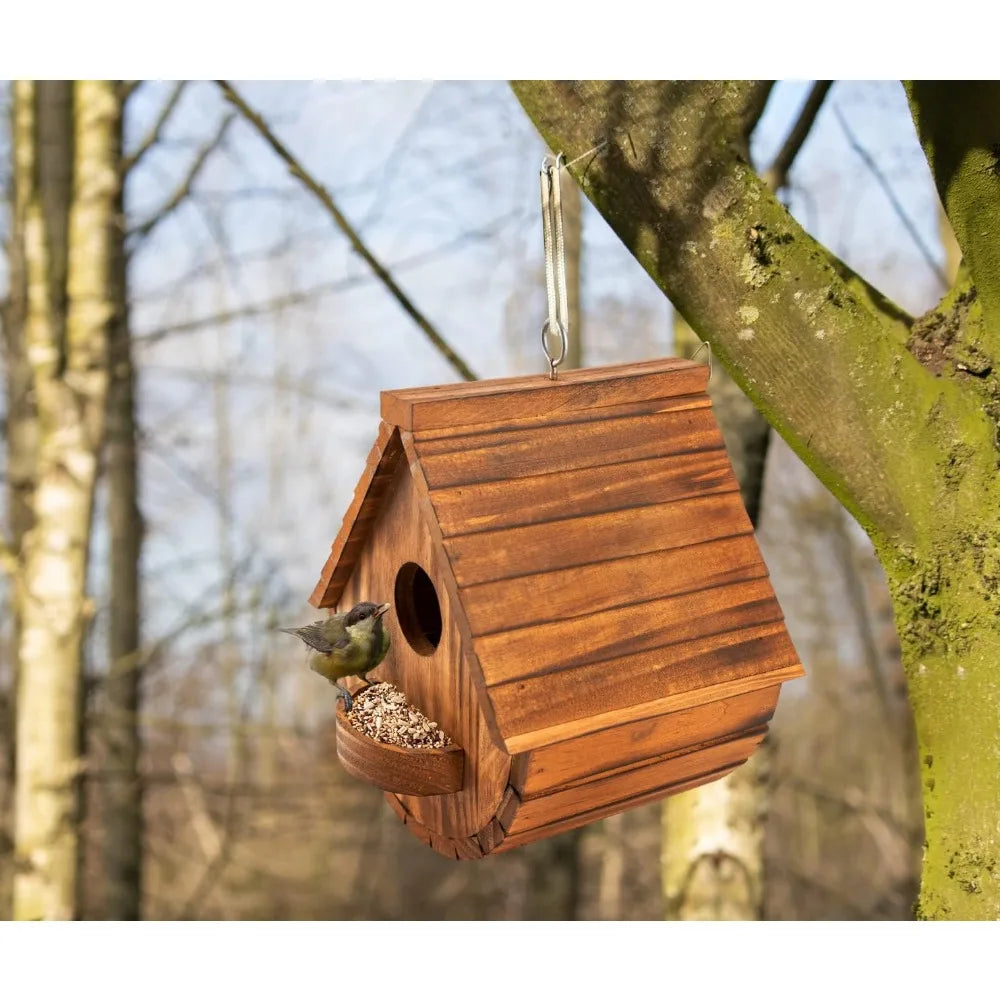 Set of 2 Outdoor Bird Houses Rustic Pine Wood Hanging Garden Decor