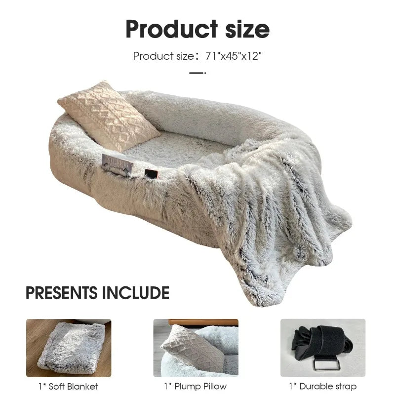 Human Dog Bed 71 Inch x 45 Inch x 12 Inch Washable Faux Fur Orthopedic Bed for People and Pets Napping