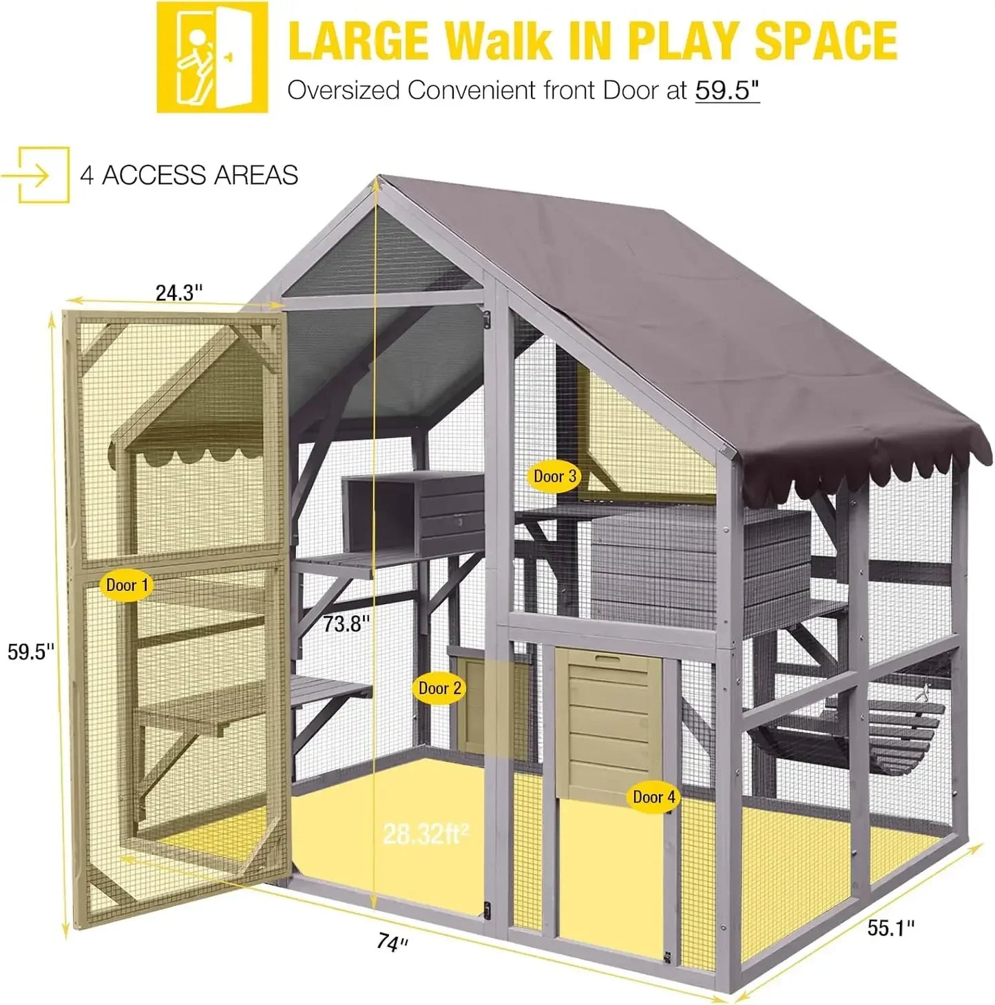 Cat Enclosure Outdoor Cat Catio Large Cat Run with Bridges, Walks, Small Houses, Roof Cover 28.27ft cat cage cat house