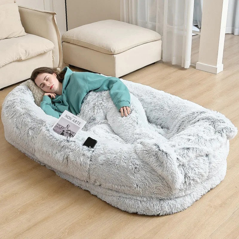 Human Dog Bed 71 Inch x 45 Inch x 12 Inch Washable Faux Fur Orthopedic Bed for People and Pets Napping