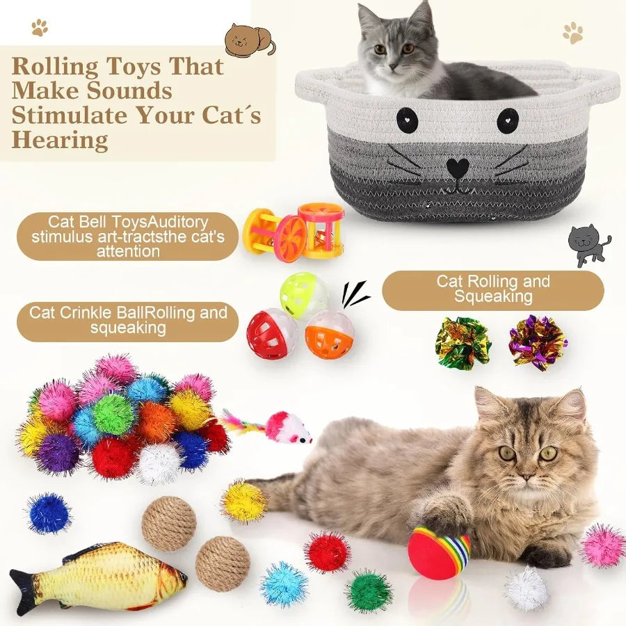 58 Piece Cat Toys Set Colorful Flashing Balls Crinkle Bells