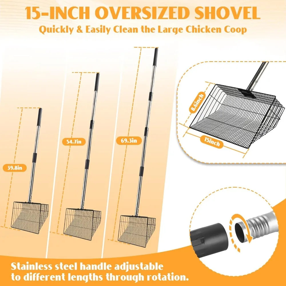 15inch Extra Large Chicken Poop Scooper, Heavy Duty Chicken Coop Scoop for Poop with 24 to 68" Stainless Steel Adjustable