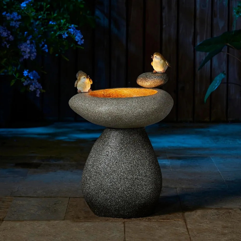 20.75" H Outdoor Water Fountain with LED Light and Pump, Zen Style Faux Stone Texture Birdbath Outdoor Fountain with Birds Decor
