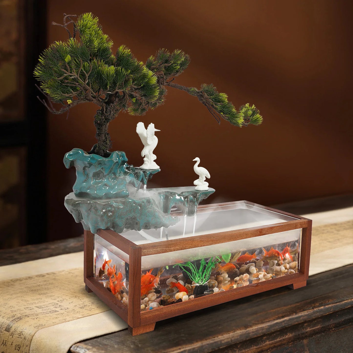 Fish Tank Flowing Ornament LED Light Tabletop Fountain Indoor Fountain for Living Room Bedroom Dining Room
