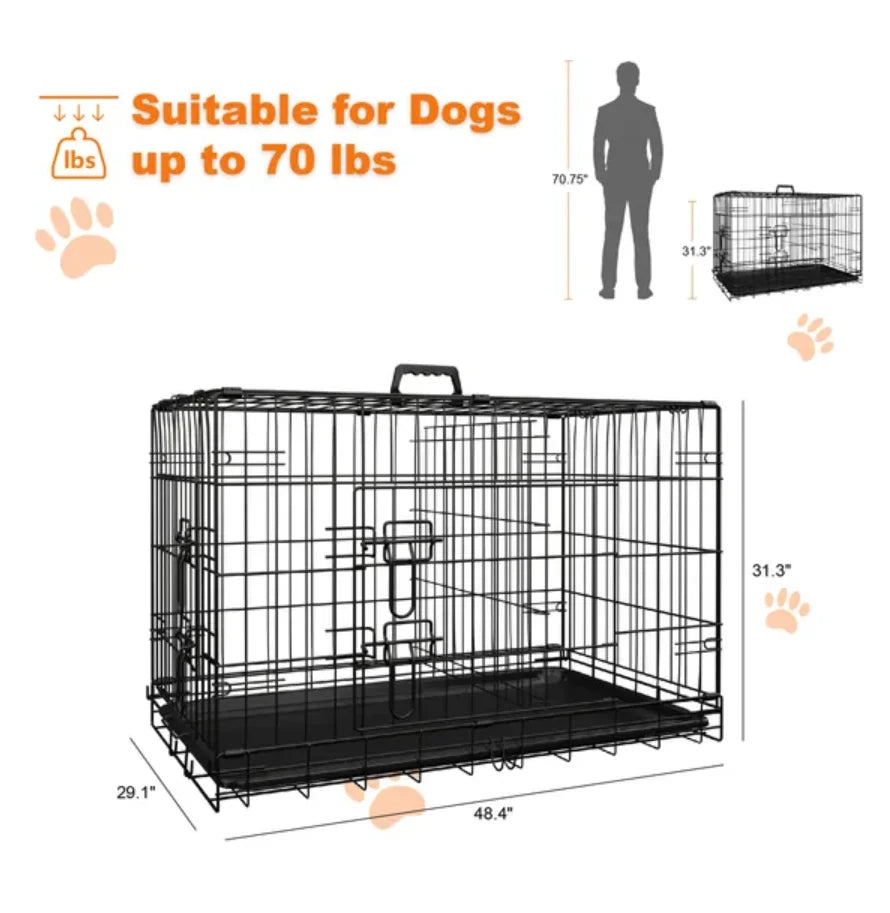 48 Inch Large Dog Cage with Divider and Leak Proof Pan Foldable Double Door Wire Indoor Outdoor Travel Vietnam Made