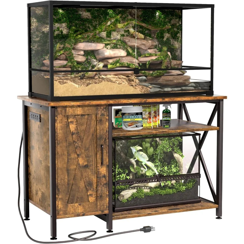 40-120 Gallon Reptile Tank Stand with Power Outlet Rustic Brown Terrarium Stand with Storage Cabinet 48 Inch X 24 Inch Tabletop