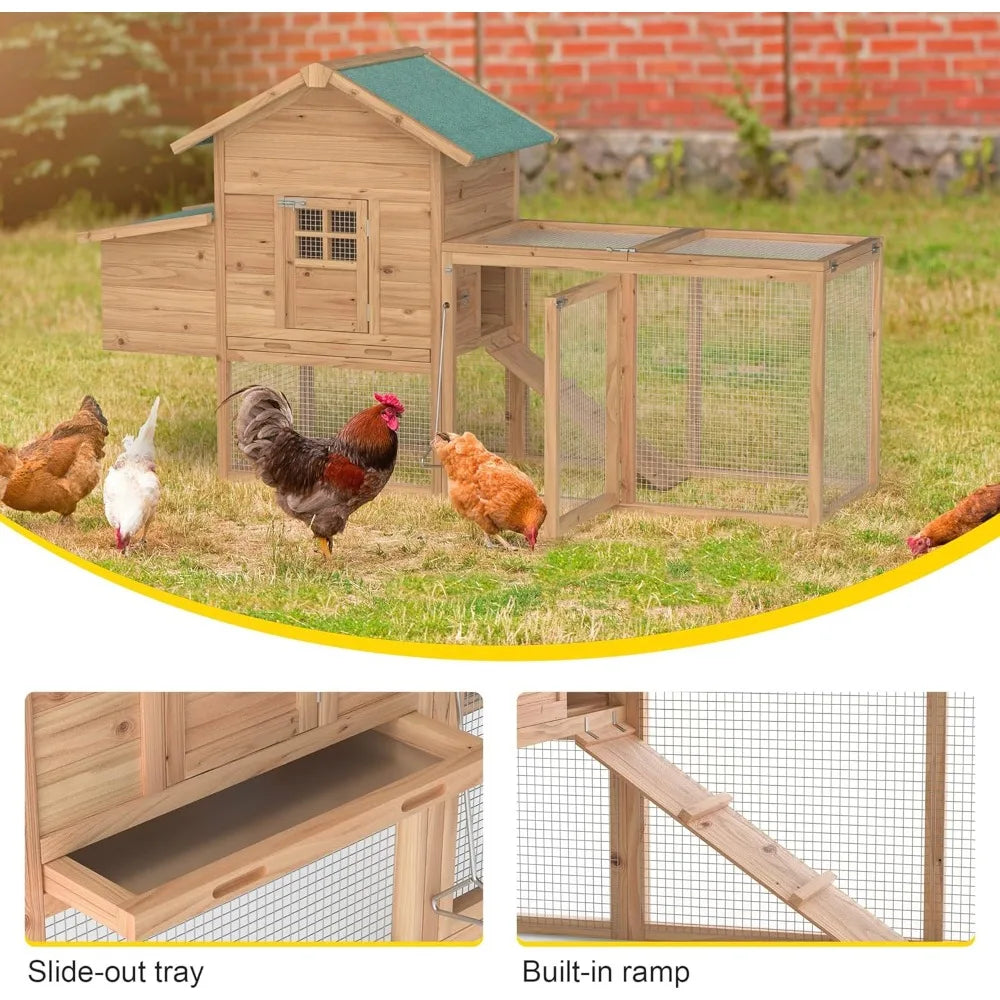 Outdoor Chicken Coop Wooden Hen House Poultry Pet Hutch Run Cage with Waterproof Asphalt Roof Ramp Nesting Box and Wire Fence 120 Inches