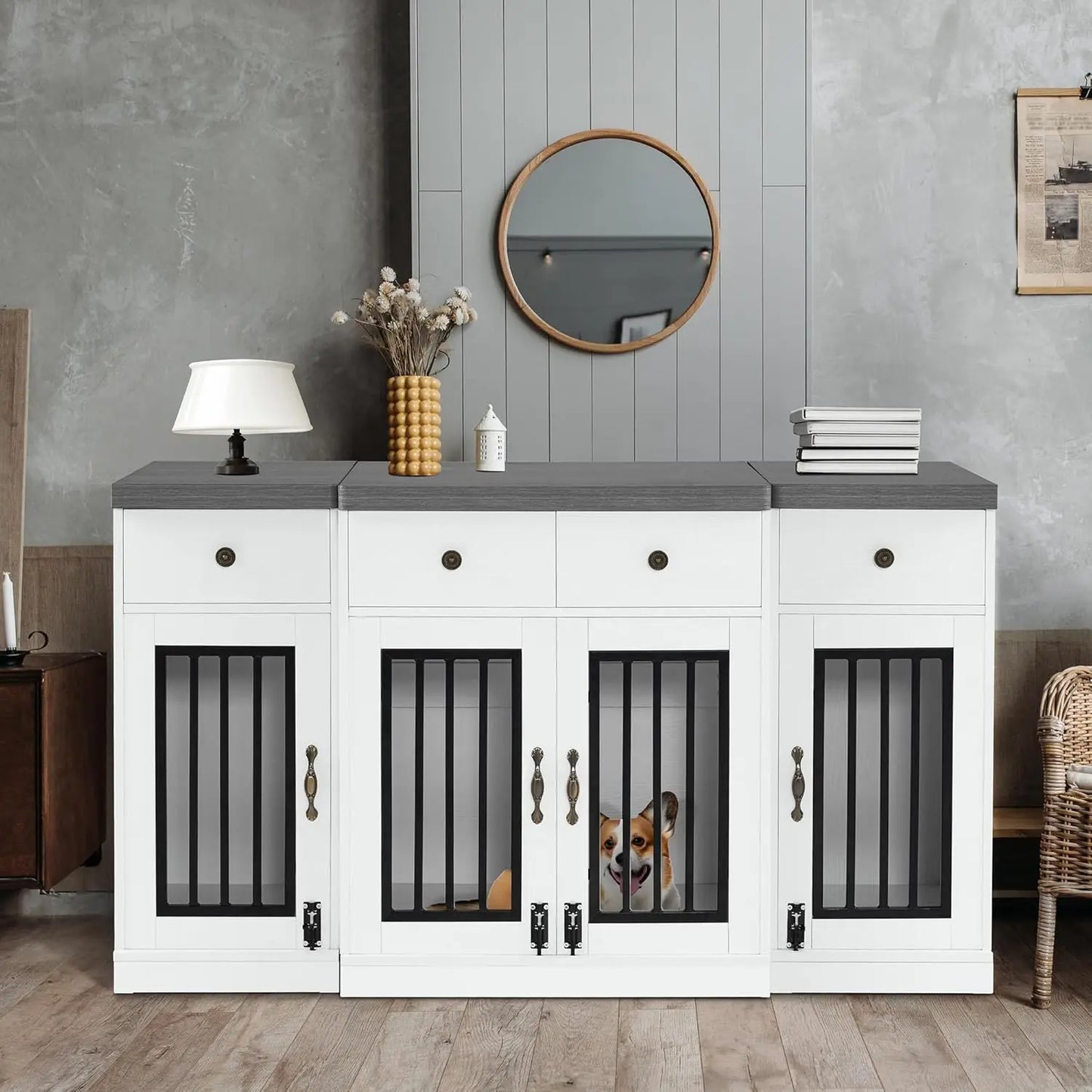 Wooden Dog Crate Furniture with 4 Drawers and 4 Lockable Doors