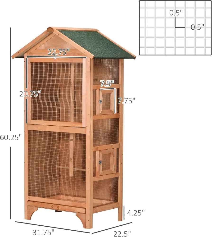 60 Inch Wooden Outdoor Bird Cage for Finches and Parakeets Large Bird Cage with Removable Bottom Tray and Four Perches Orange