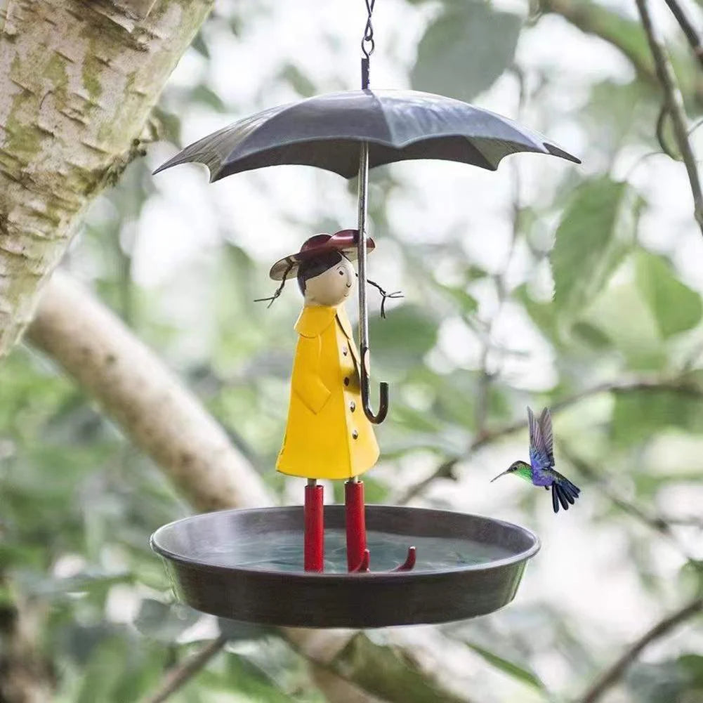 Hanging Bird Feeder Creative Bird Feeders Girl with Umbrella Tray Outdoor Garden Yard Decoration