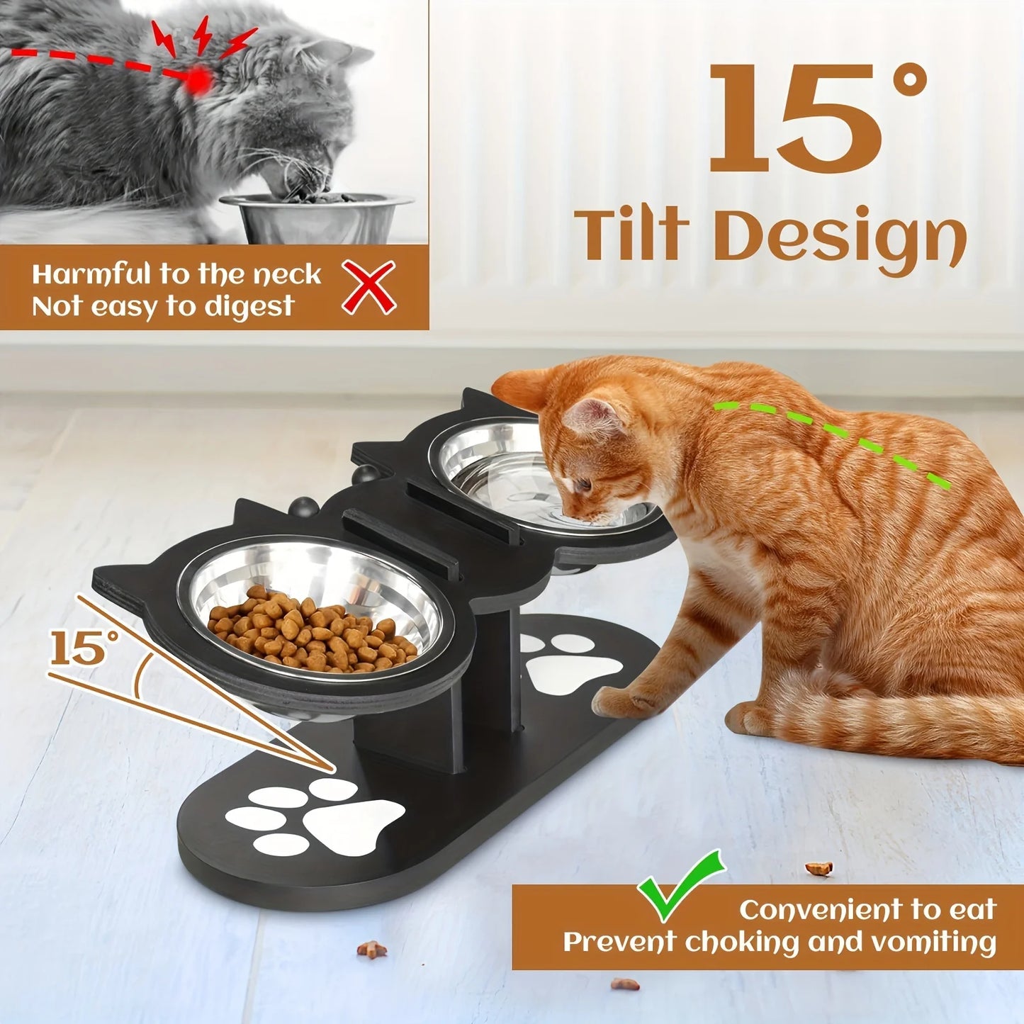 Cat 3 Bowls In 1 Raised Feeder With 15 Degree Tilt Stand