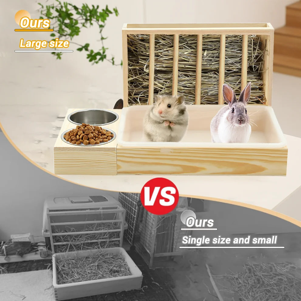 4-in-1 Rabbit Hay Feeder with Litter Box Wooden Toilet Combo Easy Clean 2 Bowls Included