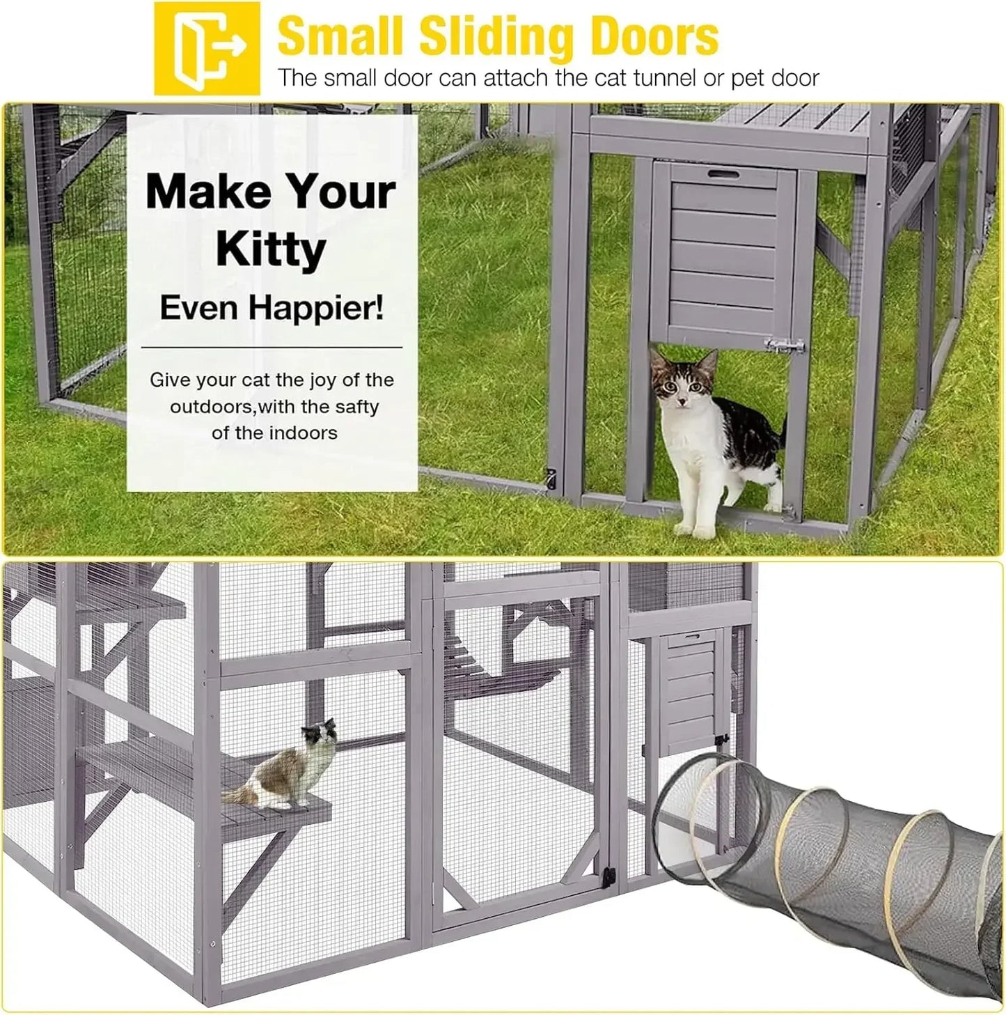 Cat Enclosure Outdoor Cat Catio Large Cat Run with Bridges, Walks, Small Houses, Roof Cover 28.27ft cat cage cat house