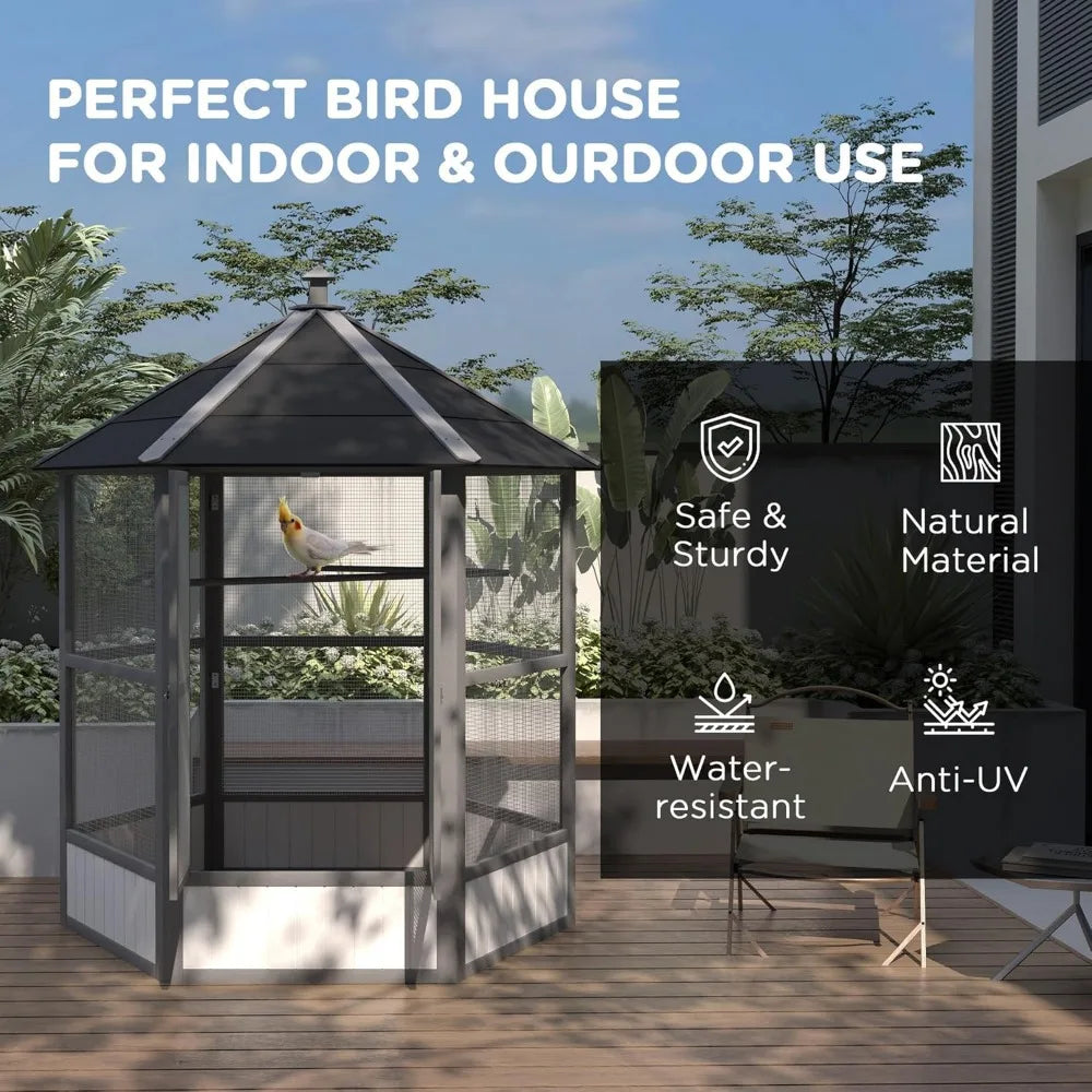 69 Inch Large Wooden Hexagonal Outdoor Aviary Flight Bird Cage with Covered Roof