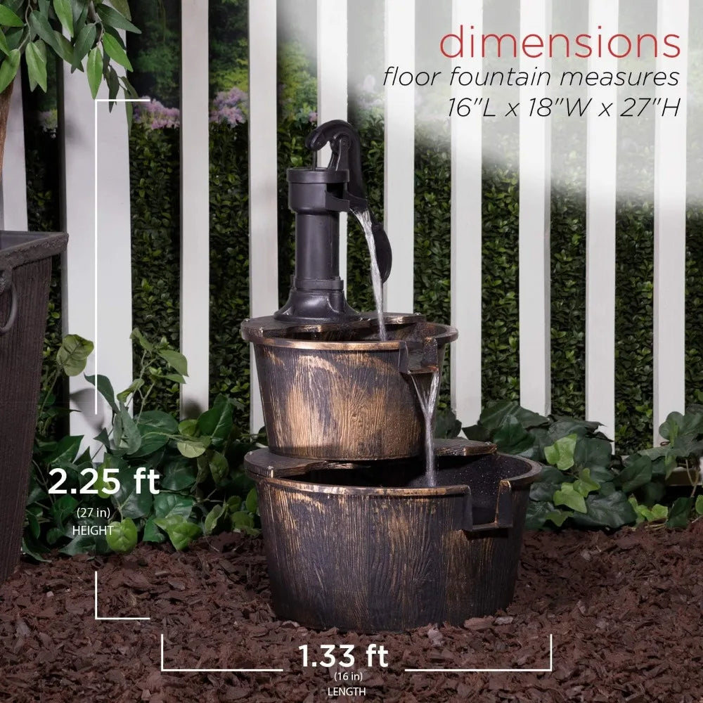 Outdoor Floor Rustic 2-Tiered Barrel and Pump Water Fountain, Old-Fashioned Fountain, 27", Bronze