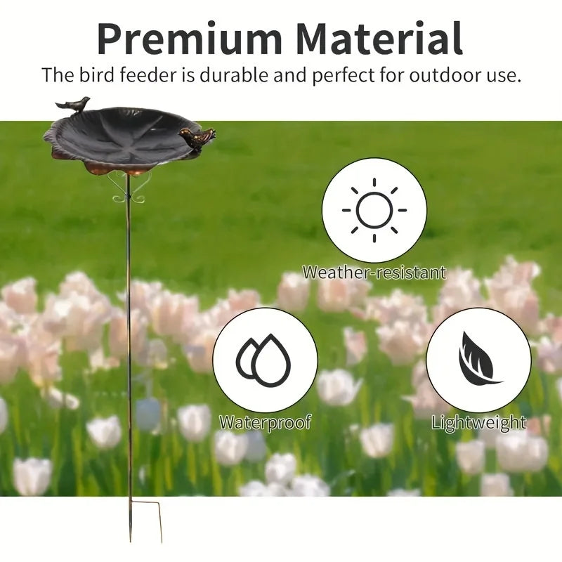 47.5 Inch Metal Leaf Shaped Bird Feeder Stake Waterproof Wild Bird Ground Feeder Bowl Durable Outdoor Lawn Ornament