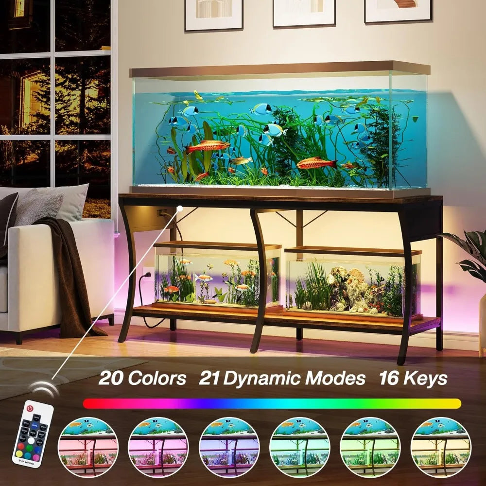 55-90 Gallon Fish Tank Stand 2-Tier Aquarium Stand with LED Light Strip and Power Outlets Metal Frame Reptile Tank Stand