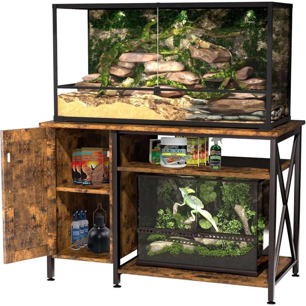 40-120 Gallon Reptile Tank Stand with Power Outlet Rustic Brown Terrarium Stand with Storage Cabinet 48 Inch X 24 Inch Tabletop