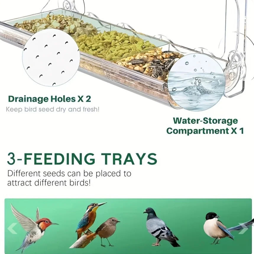 Indestructible Window Bird Feeder With Seed And Water Tray