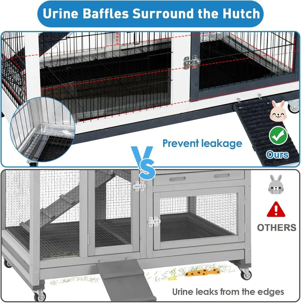 Rabbit Hutch Indoor Bunny Cage Outdoor with Urine Guards Two Storey Mobile Guinea Pig Cage Wire Bottom and Two Trays