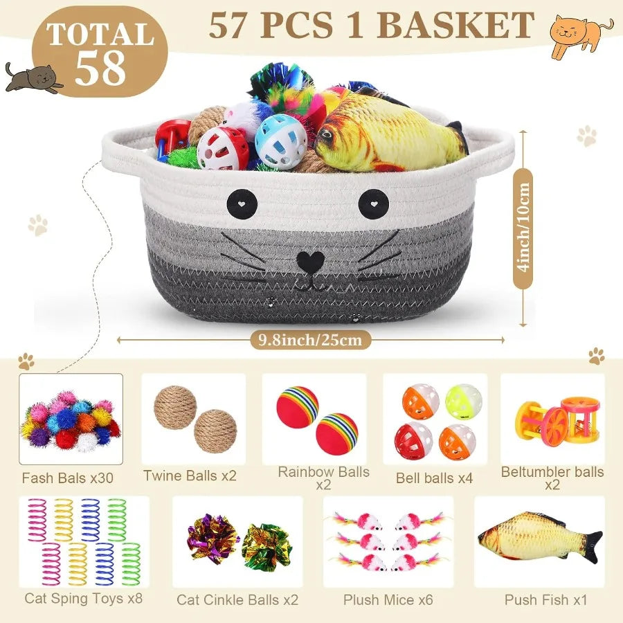 58 Piece Cat Toys Set Colorful Flashing Balls Crinkle Bells