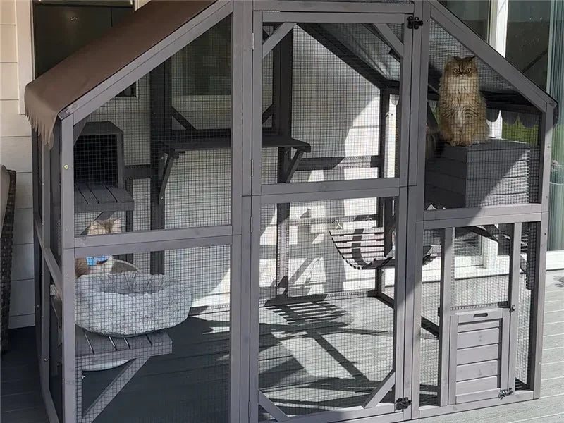 Cat Enclosure Outdoor Cat Catio Large Cat Run with Bridges, Walks, Small Houses, Roof Cover 28.27ft cat cage cat house