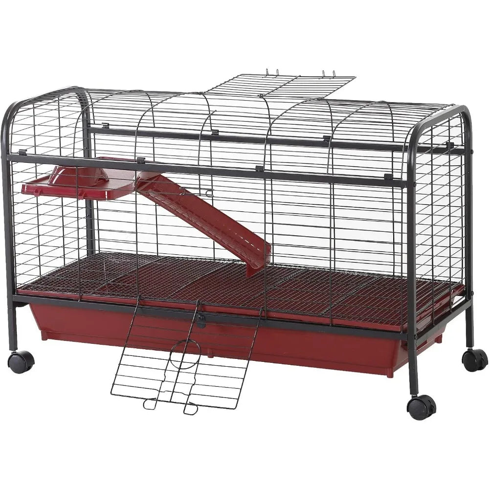 41 Inch Small Animal Cage Rabbit Hutch Ferret Pet Play House with Feeder Rolling Wheels Platform and Ramp