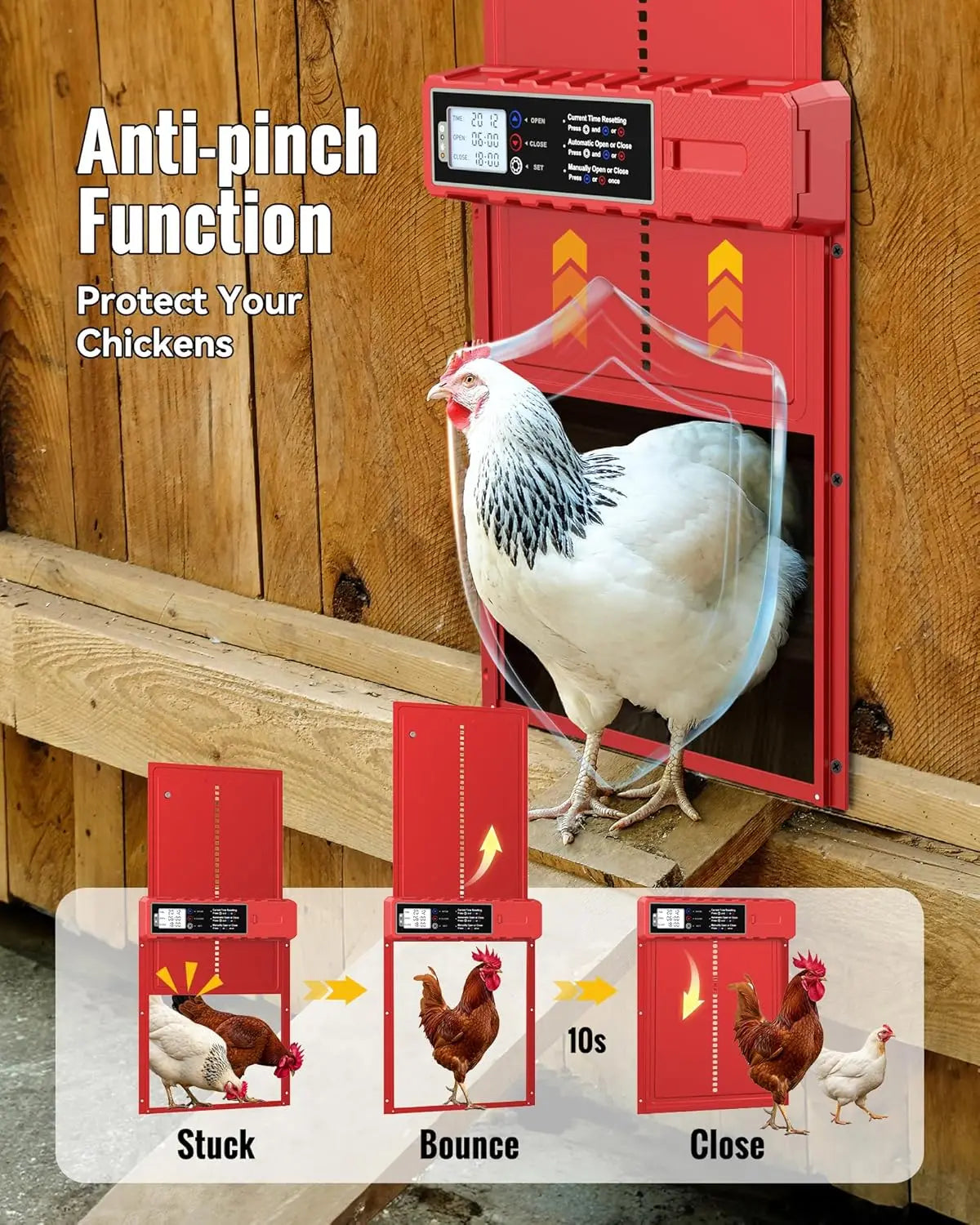 Automatic Chicken Coop Door Solar Powered with XL Large Size 10.8″x 14.2″ Red Auto Chicken Door Design with USB-C Charging