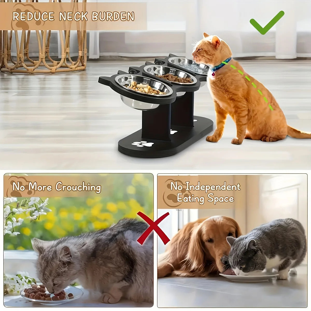 Cat 3 Bowls In 1 Raised Feeder With 15 Degree Tilt Stand