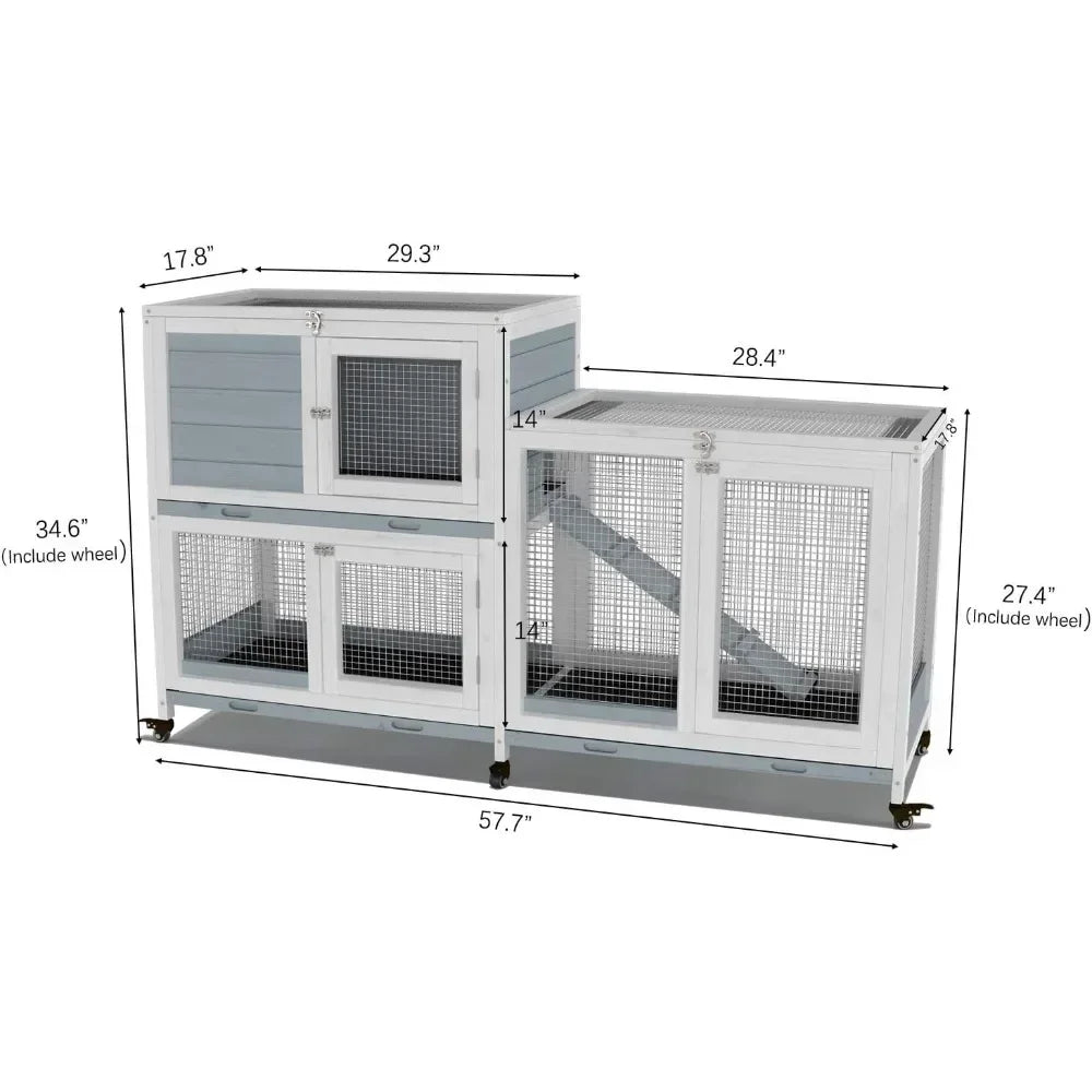 Two Floors 58 Inch Wooden Indoor Bunny Hutch Rabbit Cage on Wheels Guinea Pig Pet House for Small to Medium Animals