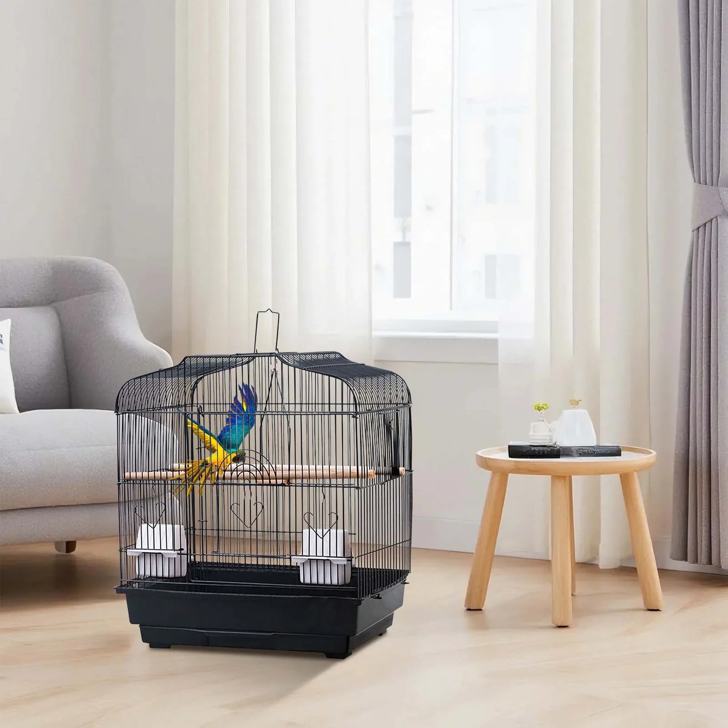 Travel Bird Cage Carrier With Handle Standing Pole Food Container Swing For Cockatiels Small Parrots Canaries