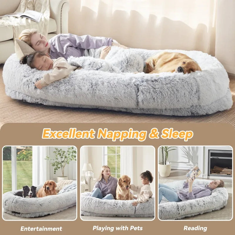 Human Dog Bed 71 Inch x 45 Inch x 12 Inch Washable Faux Fur Orthopedic Bed for People and Pets Napping