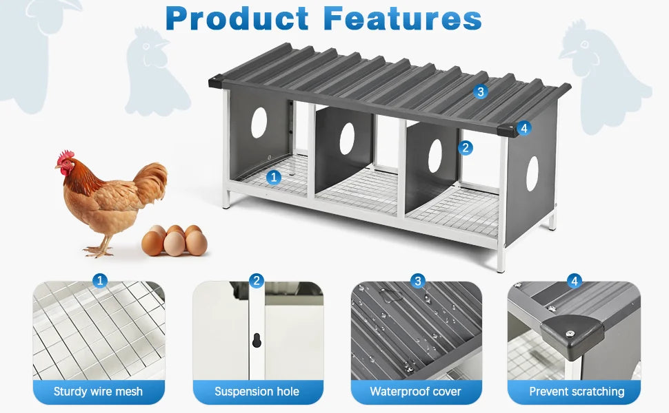 3 Compartments Nesting Box, 3 Rooms Metal Nesting Box Chickens Egg Laying Nest Boxes for Hens