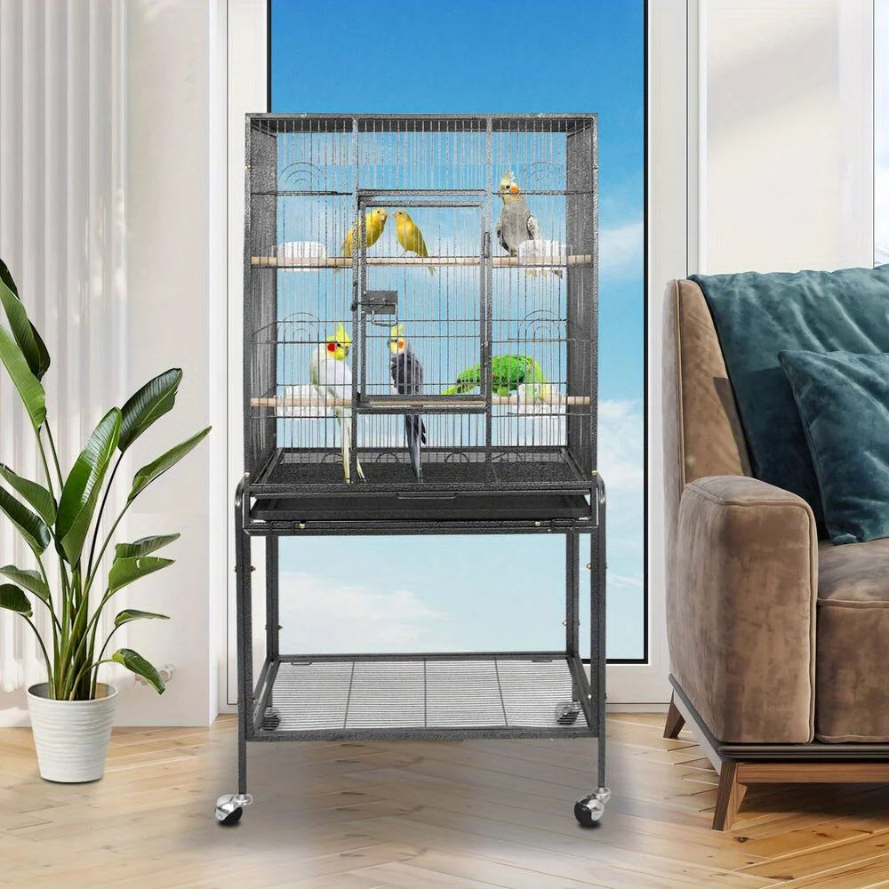 53 Inch Flight Bird Cage Large Wrought Iron Parrot Cage with Rolling Stand Black and White