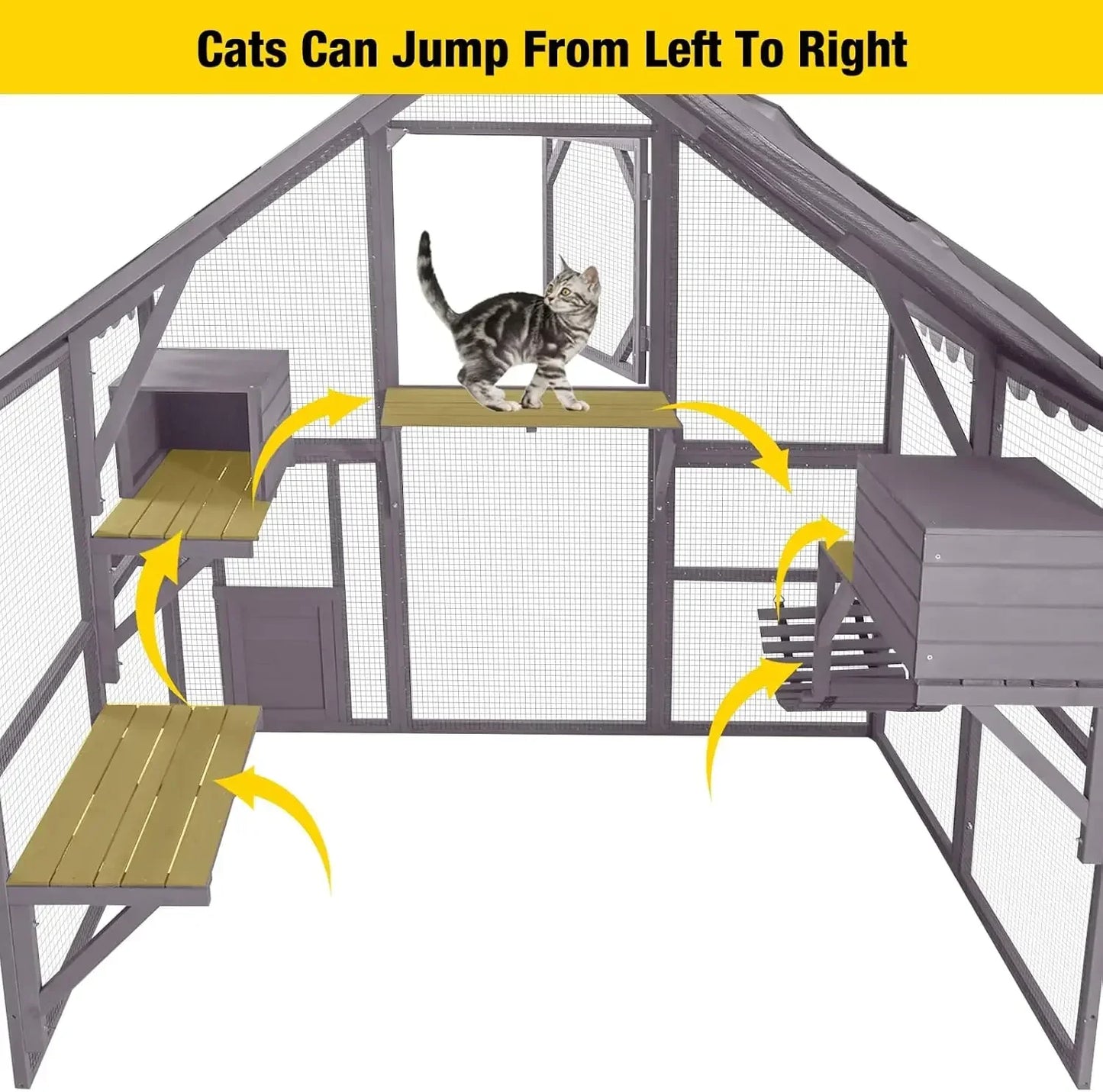 Cat Enclosure Outdoor Cat Catio Large Cat Run with Bridges, Walks, Small Houses, Roof Cover 28.27ft cat cage cat house