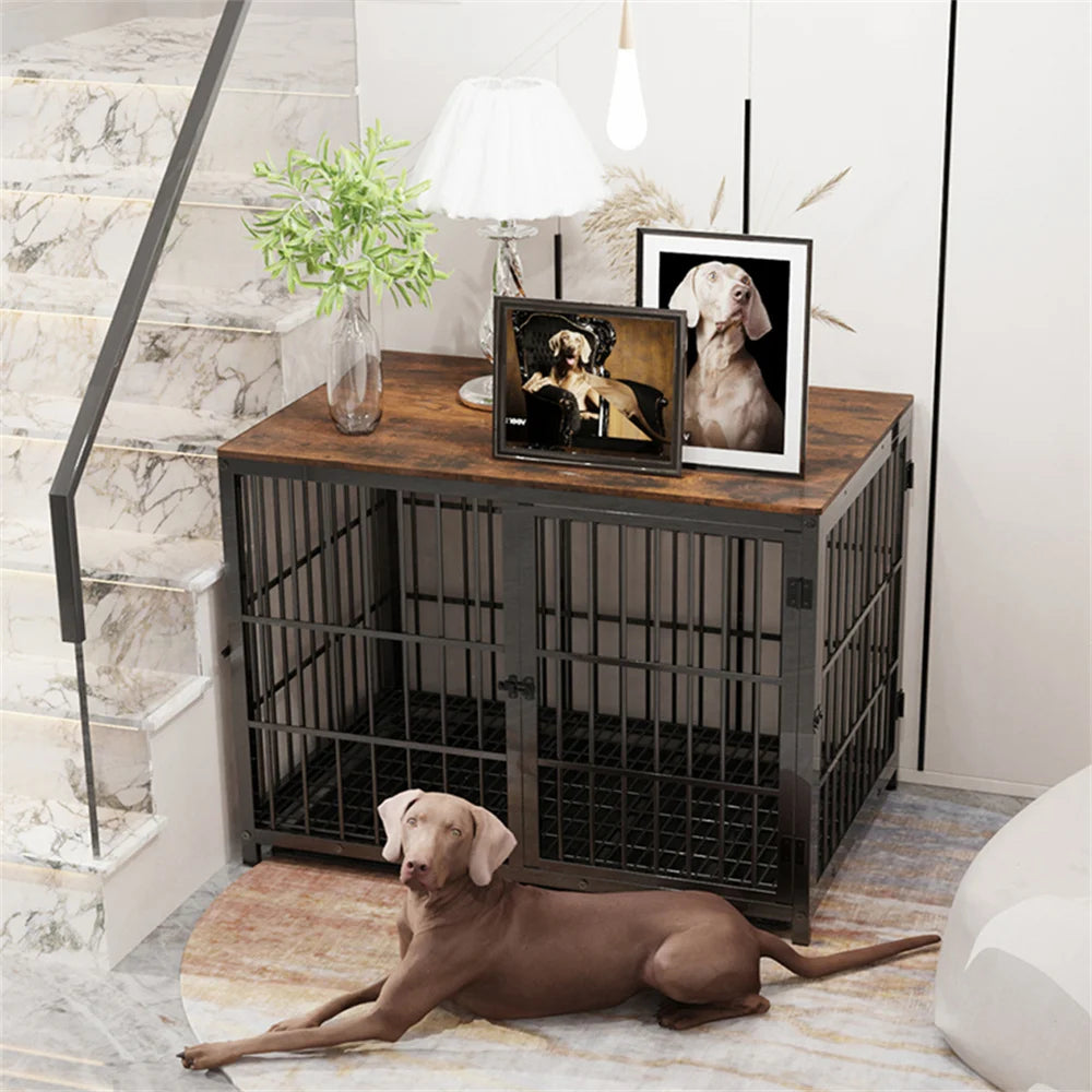 Large Wooden Dog Crate Indoor Furniture Style Elevated Pet Dog Cage Kennel End Table Lattice Playpen with 3 Doors