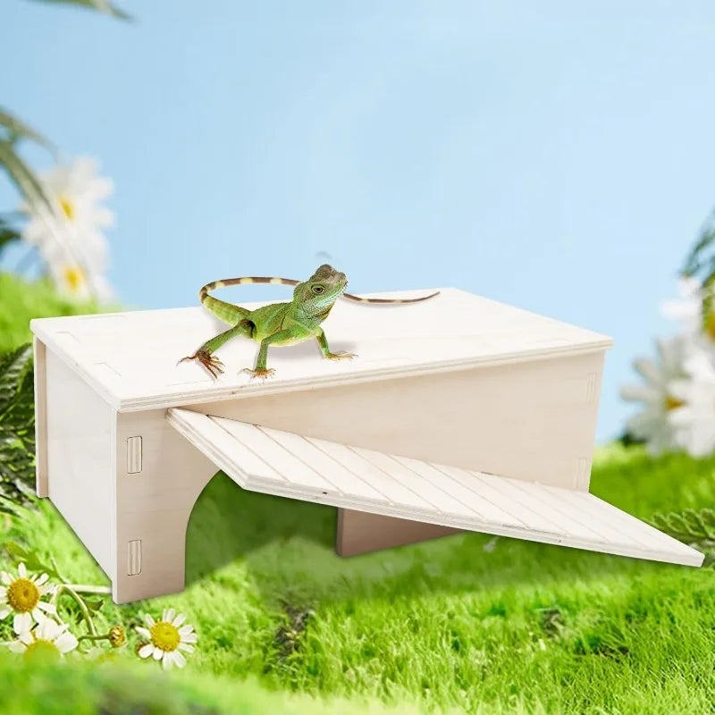 Wooden Lizard Hideout with Climbing Ramp Reptile Habitat with Basking Platform Tank Accessories for Bearded Dragon Lizard Chameleon 12.9 x 11 x 4.7 Inch