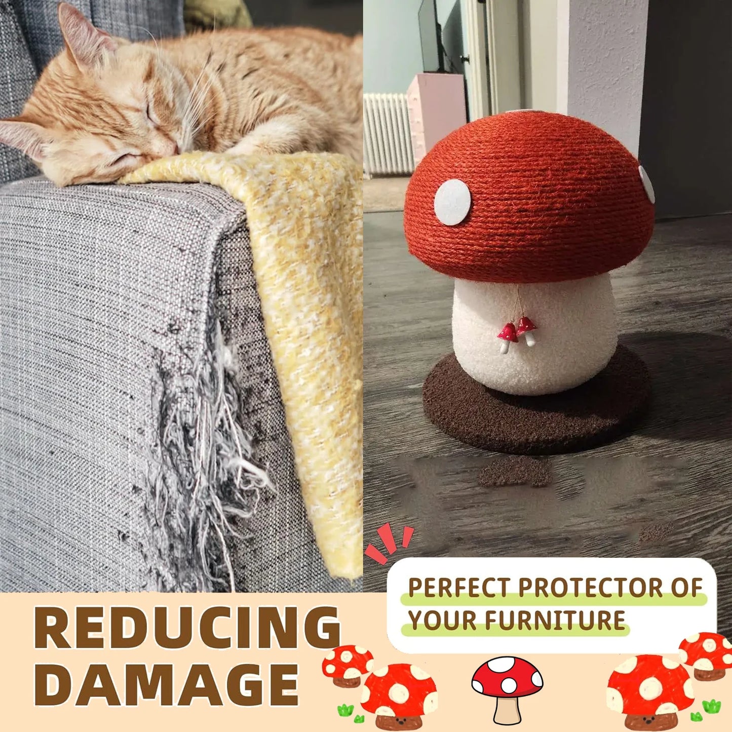Red Mushroom Shaped Sisal Cat Scratching Post Durable and Non Falling Great for Paw Care and Furniture Protection Easy to Assemble