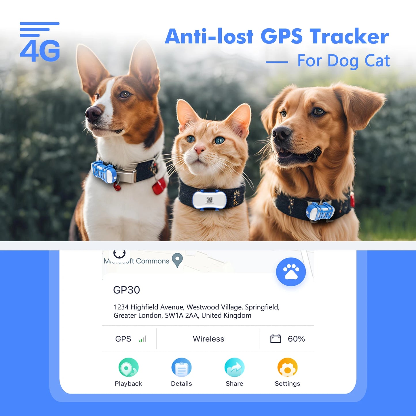 4G Dog Cat GPS Tracker for Pets - Waterproof Smart Locator