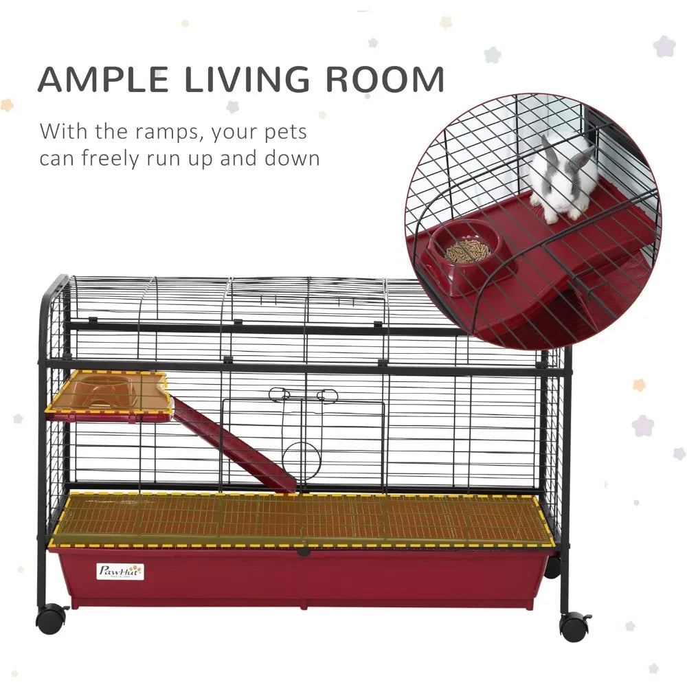 41 Inch Small Animal Cage Rabbit Hutch Ferret Pet Play House with Feeder Rolling Wheels Platform and Ramp