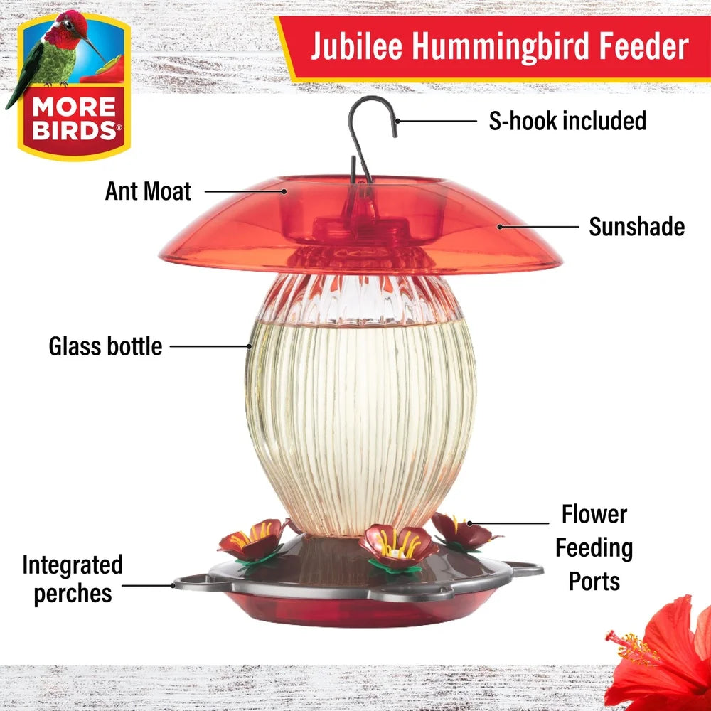 Glass Hummingbird Feeder with Ant Moat and Bee Resistant Flower Ports Easy to Clean and Fill 20oz Capacity for Outdoor Birdwatching