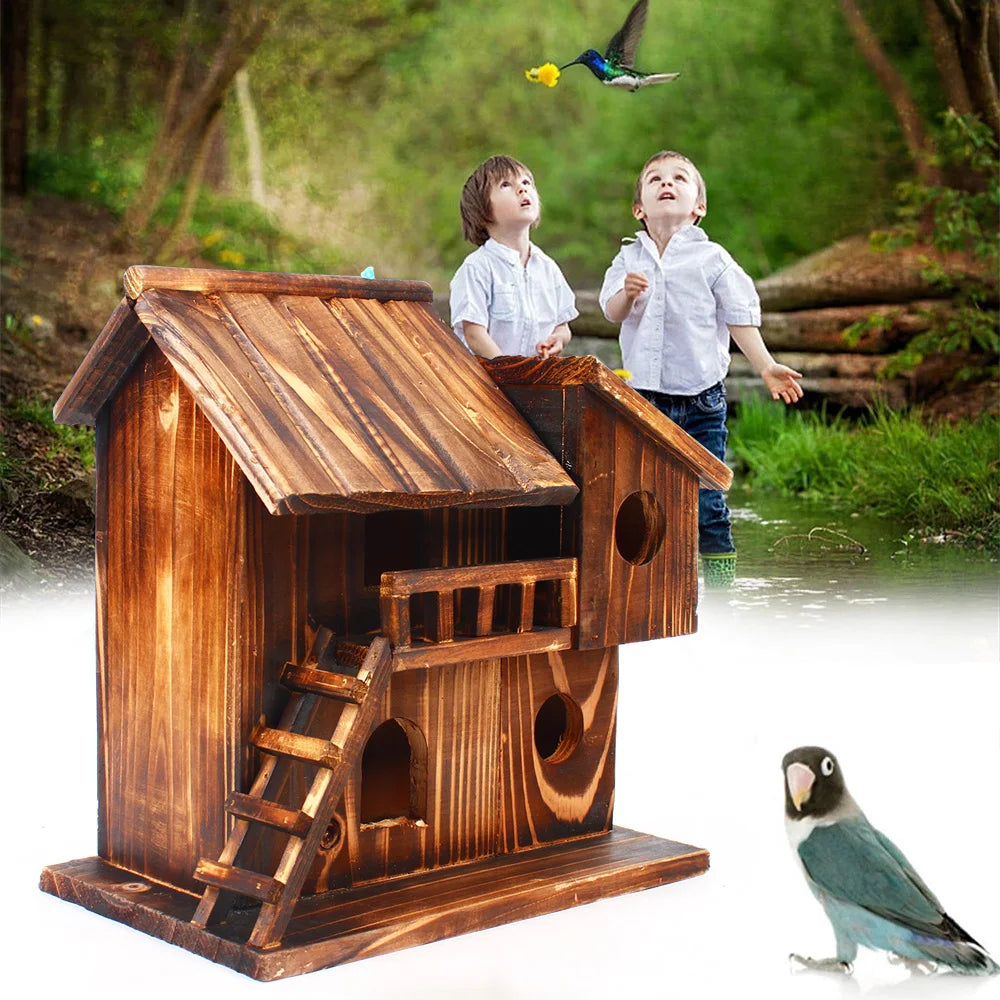 Pet Bird Squirrel Wooden Hanging Cage House Toy for Outdoor Use