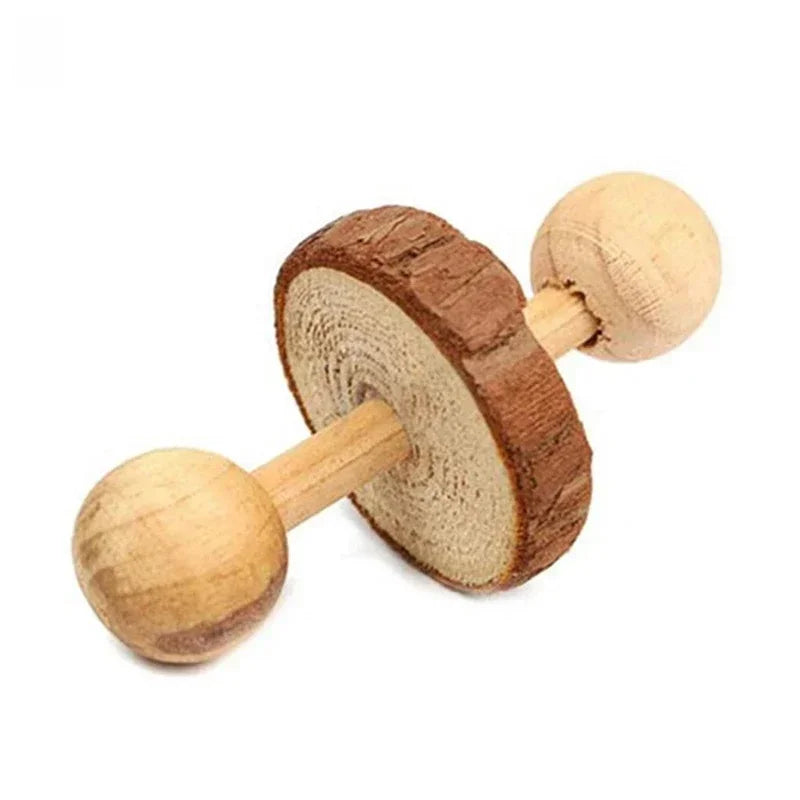 Cute Rabbit Roller Toys Natural Wooden Pine Dumbbells Unicycle Bell Chew Toys for Guinea Pigs and Small Pets